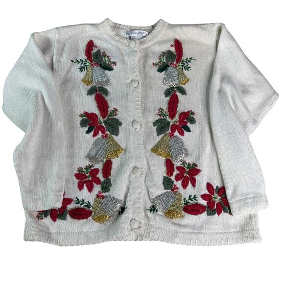 Christmas Sweater Cardigan Women's sz Medium Victoria Jones Applique Embroidery - Picture 1 of 9